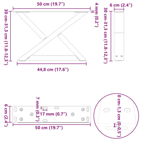 vidaXL Coffee Table Legs 2 pcs Natural Steel 50x(30-31.3) cm Steel