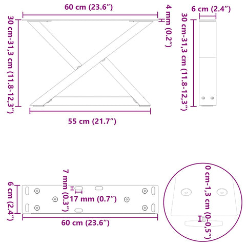 vidaXL Coffee Table Legs 2 pcs Natural Steel 60x(30-31.3) cm Steel