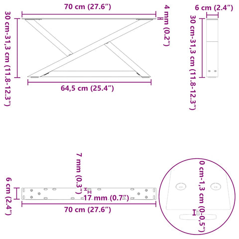 vidaXL Coffee Table Legs 2 pcs Natural Steel 70x(30-31.3) cm Steel