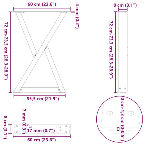 vidaXL Dining Table Legs 2 pcs Natural Steel 60x(72-73.3) cm Steel