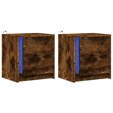 vidaXL Bedside Cabinets with LED Lights 2 pcs Smoked Oak Engineered Wood