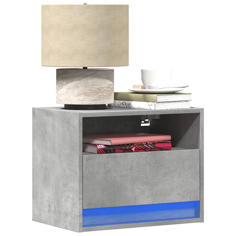 vidaXL Wall-mounted Bedside Cabinet with LED Lights Concrete Grey