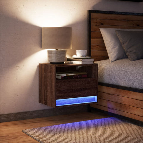 vidaXL Wall-mounted Bedside Cabinet with LED Lights Brown Oak