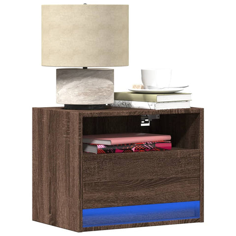 vidaXL Wall-mounted Bedside Cabinet with LED Lights Brown Oak