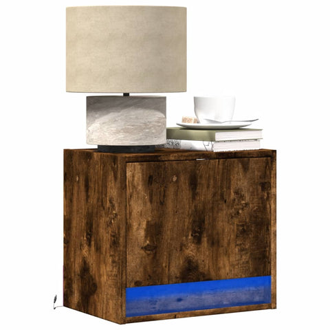 vidaXL Wall-mounted Bedside Cabinet with LED Lights Smoked Oak