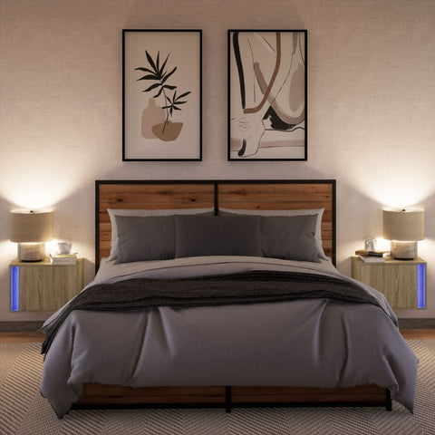 vidaXL Wall-mounted Bedside Cabinets with LED Lights 2 pcs Sonoma Oak