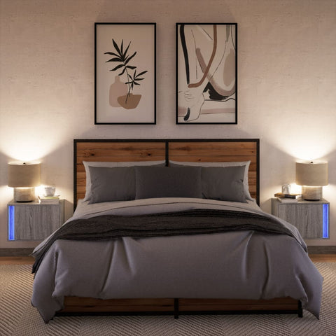 vidaXL Wall-mounted Bedside Cabinets with LED Lights 2 pcs Grey Sonoma