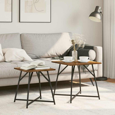 vidaXL Side Table Set - 2 Rustic Smoked Oak and Metal Tables