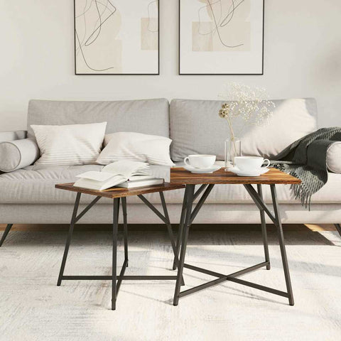 vidaXL Side Table Set - 2 Rustic Smoked Oak and Metal Tables