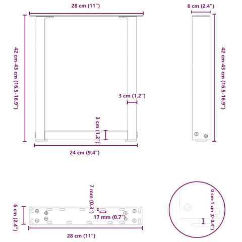 vidaXL Coffee Table Legs U-Shaped 2 pcs Black 28x(42-43) cm Steel