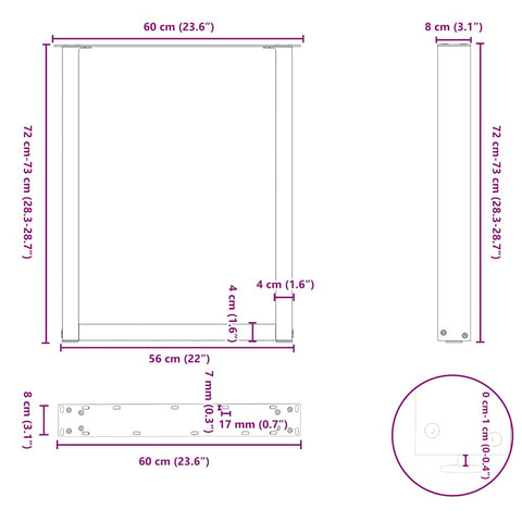 vidaXL Dining Table Legs U-Shaped 2 pcs Natural Steel 60x(72-73) cm Steel