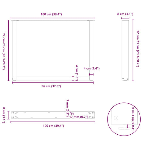 vidaXL Dining Table Legs U-Shaped 3 pcs Natural Steel 100x(72-73) cm Steel