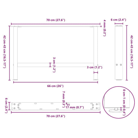 vidaXL Coffee Table Legs Black 2 pcs 70x(42-43) cm Steel