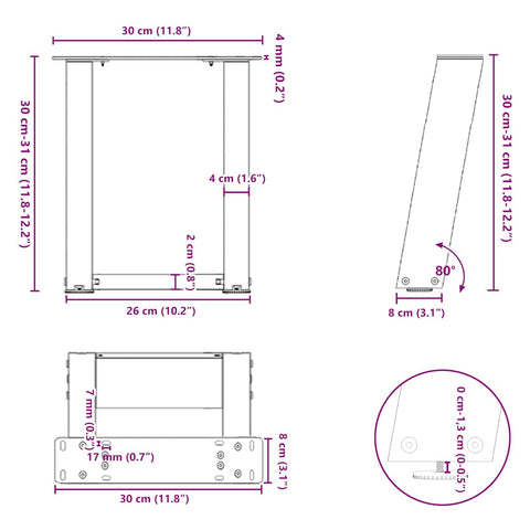vidaXL Coffee Table Legs U-Shaped 2 pcs Natural Steel 30x(30-31) cm Steel