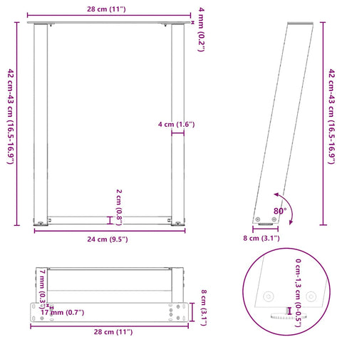vidaXL Coffee Table Legs U-Shaped 2 pcs Natural Steel 28x(42-43) cm Steel
