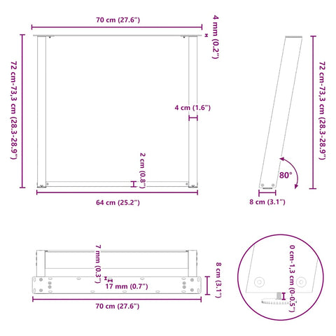vidXL Dining Table Legs U-Shaped 2 pcs Black 70x(72-73) cm Steel