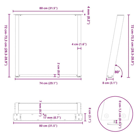 vidXL Dining Table Legs U-Shaped 2 pcs Natural Steel 80x(72-73) cm Steel