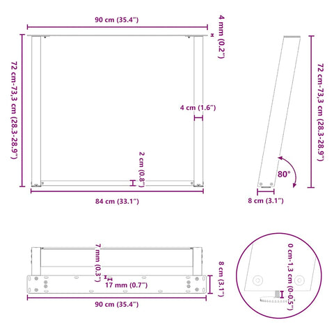 vidaXL Dining Table Legs U-Shaped 2 pcs Anthracite 90x(72-73) cm Steel