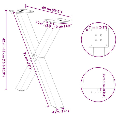 vidaXL Coffee Table Legs X-Shaped 2 pcs Natural Steel 60x(42-43) cm Steel