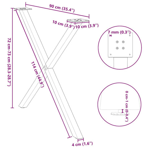 vidaXL Dining Table Legs X-Shaped 2 pcs Natural Steel 90x(72-73) cm Steel