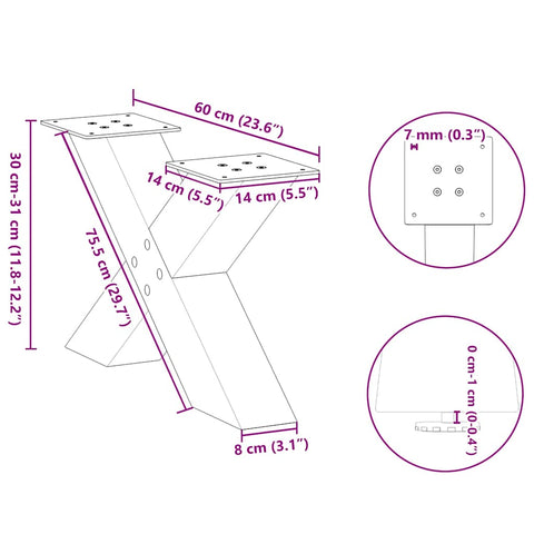 vidaXL Coffee Table Legs X-Shaped 2 pcs Black 60x(30-31) cm Steel