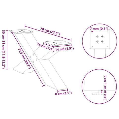 vidaXL Coffee Table Legs X-Shaped 2 pcs Natural Steel 70x(30-31) cm Steel