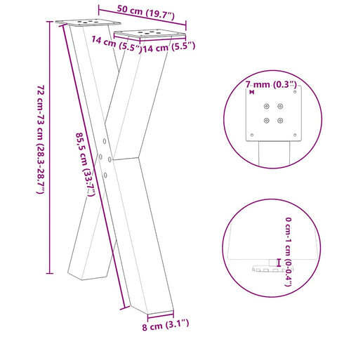vidaXL Dining Table Legs X-Shaped 2 pcs Natural Steel 50x(72-73) cm Steel
