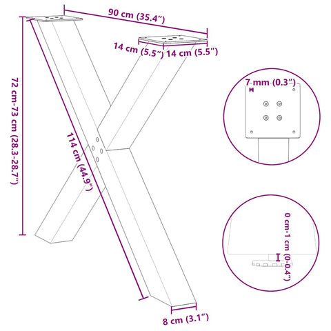 vidaXL Dining Table Legs X-Shaped 2 pcs Natural Steel 90x(72-73) cm Steel