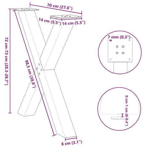 vidaXL Dining Table Legs X-Shaped 3 pcs Natural Steel 70x(72-73) cm Steel