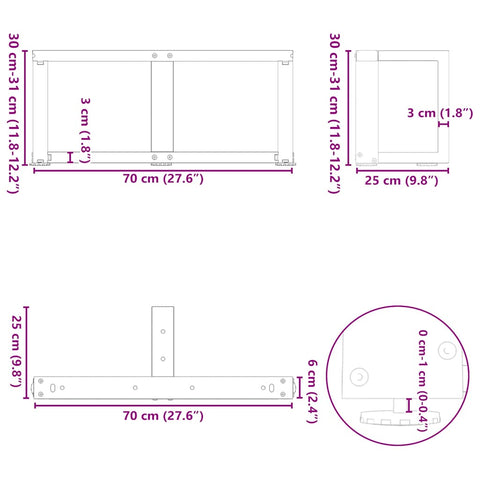 vidaXL Coffee Table Legs T-Shaped 2 pcs White 70x25x(30-31) cm Steel