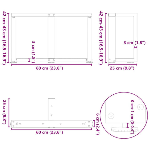 vidaXL Coffee Table Legs T-Shaped 2 pcs Natural Steel 60x25x(42-43) cm Steel