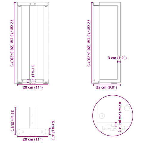 vidaXL Console Table Legs T-Shaped 2 pcs Black 25x28x(72-73) cm Steel