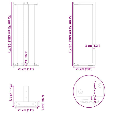 vidaXL Console Table Legs T-Shaped 2 pcs Natural Steel 25x28x(72-73) cm Steel
