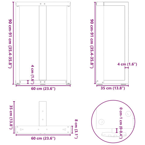 vidaXL Bar Table Legs T-Shaped 2 pcs Black 60x35x(90-91) cm Steel