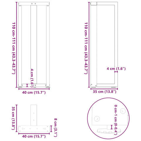 vidaXL Bar Table Legs T-Shaped 2 pcs Natural Steel 40x35x(110-111) cm Steel