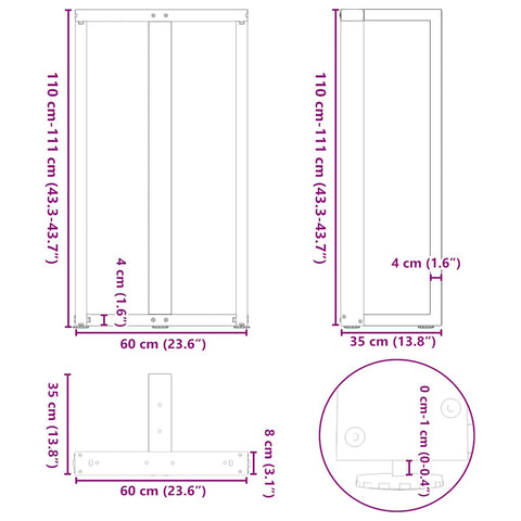 vidaXL Bar Table Legs T-Shaped 2 pcs Natural Steel 60x35x(110-111) cm Steel