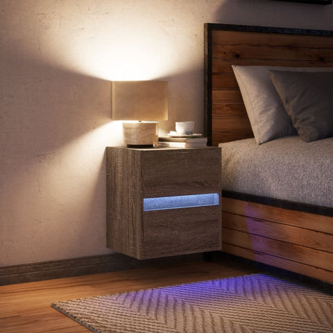 vidaXL Wall-mounted Bedside Cabinet with LED Lights Brown Oak