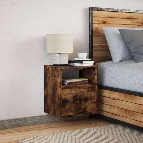 vidaXL Wall-mounted Bedside Cabinet with LED Lights Smoked Oak