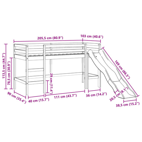 vidaXL Kids' Loft Bed without Mattress Wax Brown 90x200 cm Solid Wood Pine