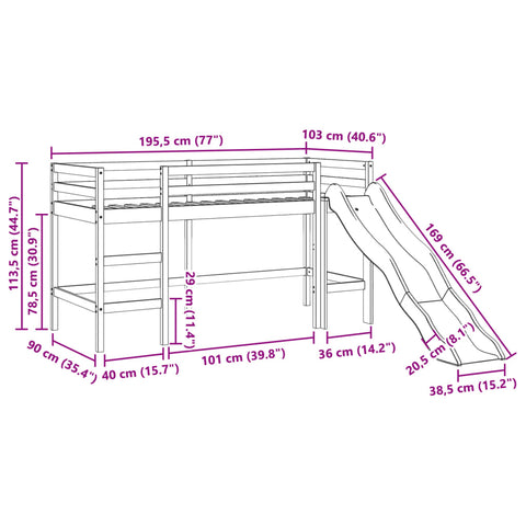 vidaXL Kids' Loft Bed without Mattress Wax Brown 90x190 cm Solid Wood Pine