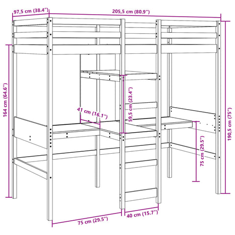vidaXL Loft Bed Frame with Desk and Shelves Wax Brown 90x200cm Solid Wood Pine