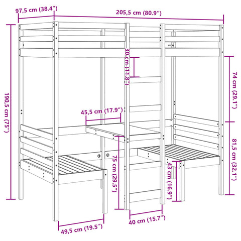 vidaXL Loft Bed Frame with Desk and Chairs 90x200cm Solid Wood Pine