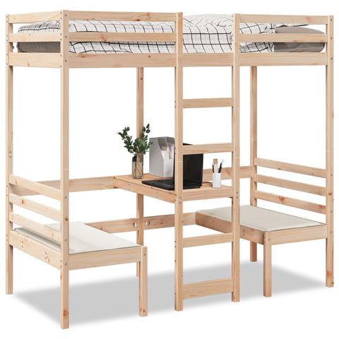 vidaXL Loft Bed Frame with Desk and Chairs 90x200cm Solid Wood Pine