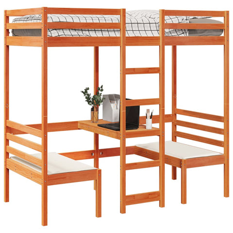 vidaXL Loft Bed Frame with Desk and Chairs Wax Brown 90x200cm Solid Wood Pine