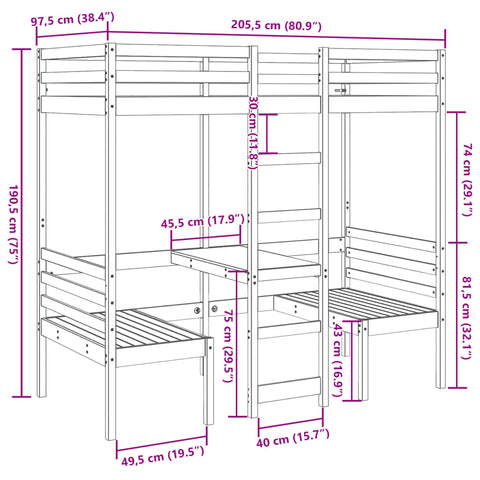 vidaXL Loft Bed Frame with Desk and Chairs Wax Brown 90x200cm Solid Wood Pine