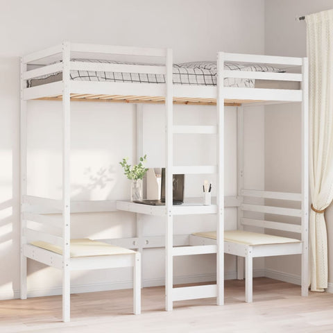 vidaXL Loft Bed Frame with Desk and Chairs White 80x200cm Solid Wood Pine