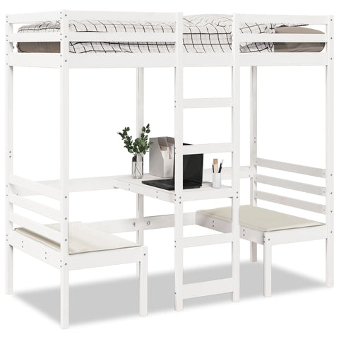 vidaXL Loft Bed Frame with Desk and Chairs White 80x200cm Solid Wood Pine