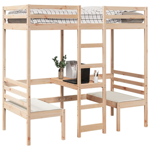 vidaXL Loft Bed Frame with Desk and Chairs 90x190cm Solid Wood Pine