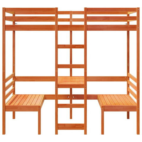 vidaXL Loft Bed Frame with Desk and Chairs Wax Brown 75x190cm Solid Wood Pine