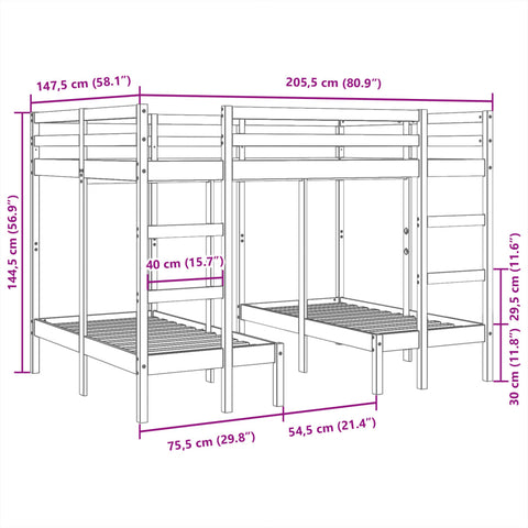 vidaXL Triple Bunk Bed Frame 140x200/70x140 cm Solid Wood Pine